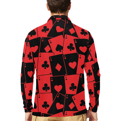 Poker Cards Pattern Print Design A01 Long Sleeve Polo Shirt For Men's