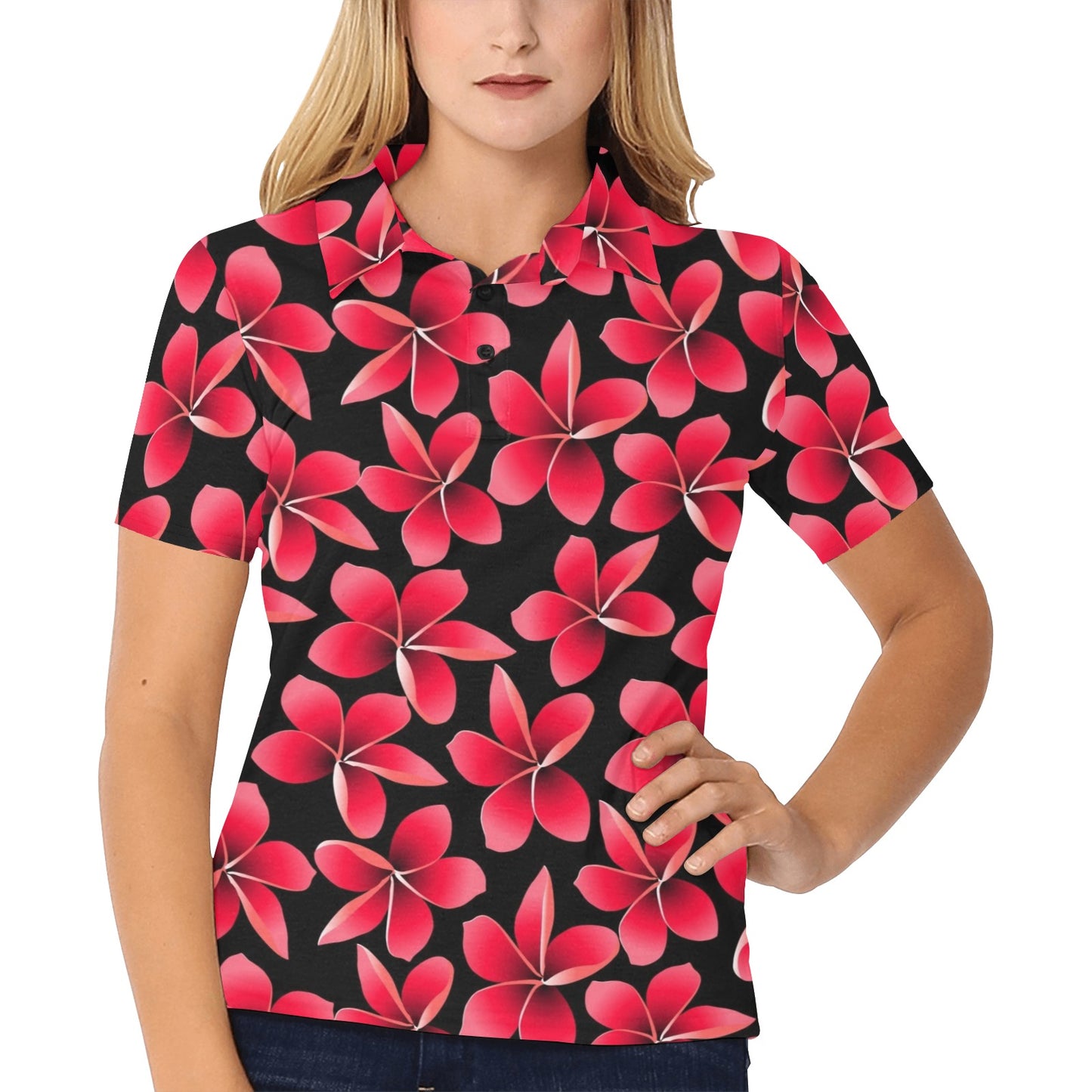 Red Plumeria Pattern Print Design PM025 Women's Polo Shirt