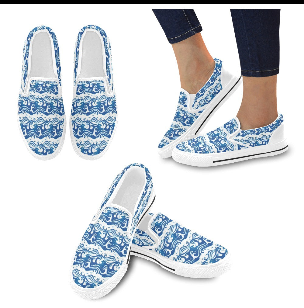 Wave Print Design LKS303 White Slip Ons Canvas Women's Shoes