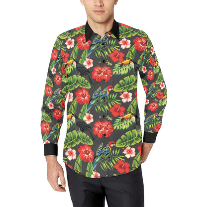 Hibiscus Red With Parrotprint Design LKS303 Men's Long Sleeve Dress Shirt