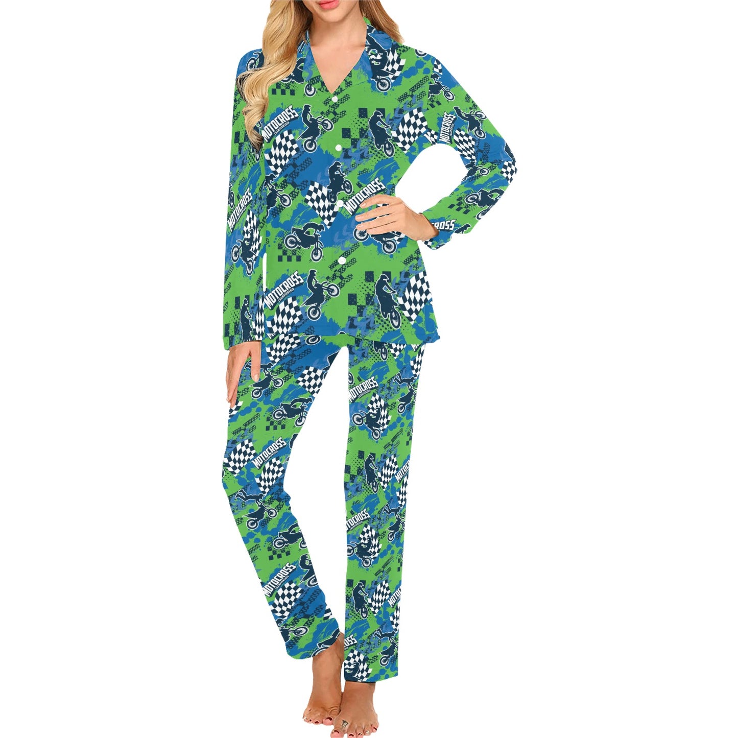 Motocross Pattern Print Design 04 Women's Long Pajama Set