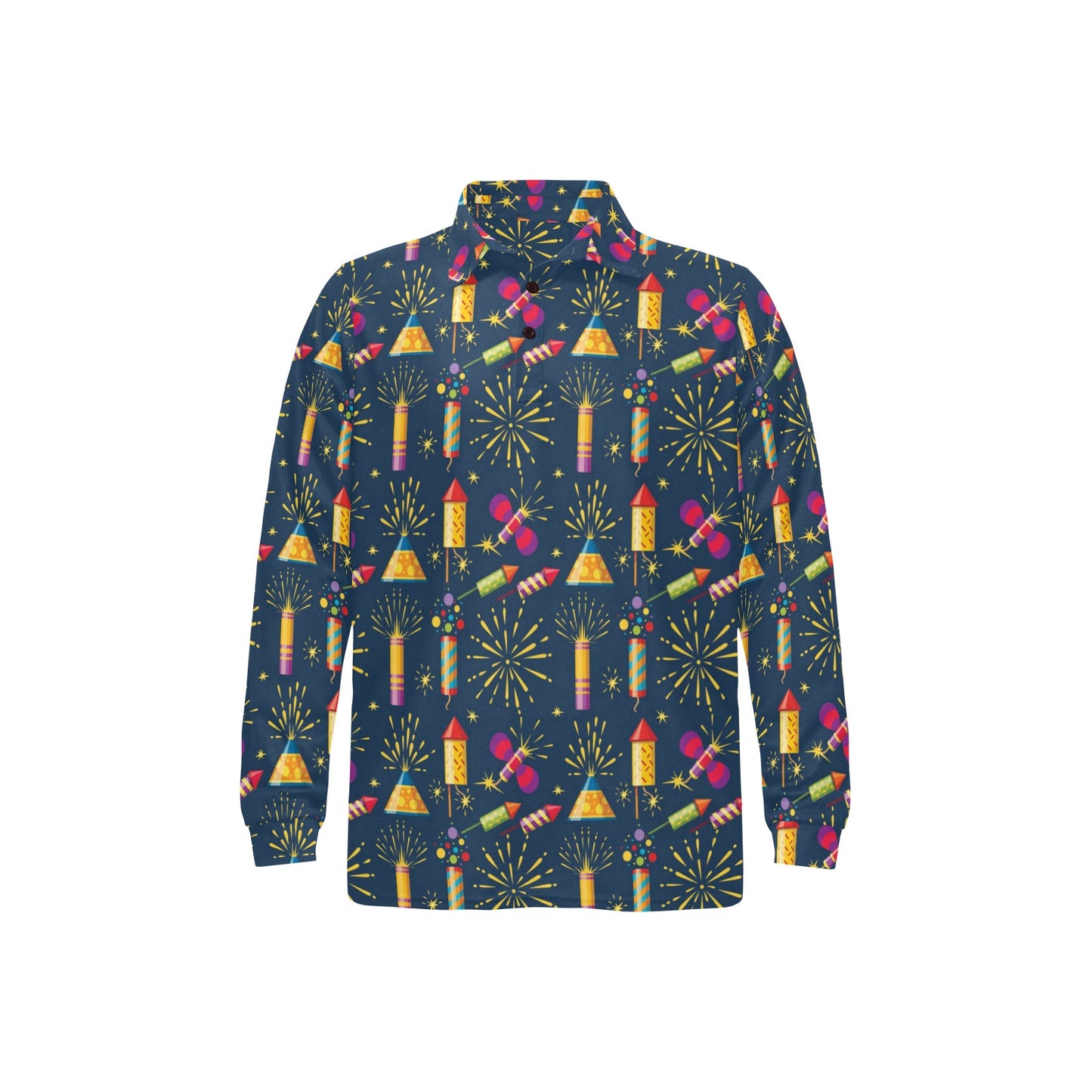 Firework Sparkling Rockets Print Design LKS306 Long Sleeve Polo Shirt For Men's