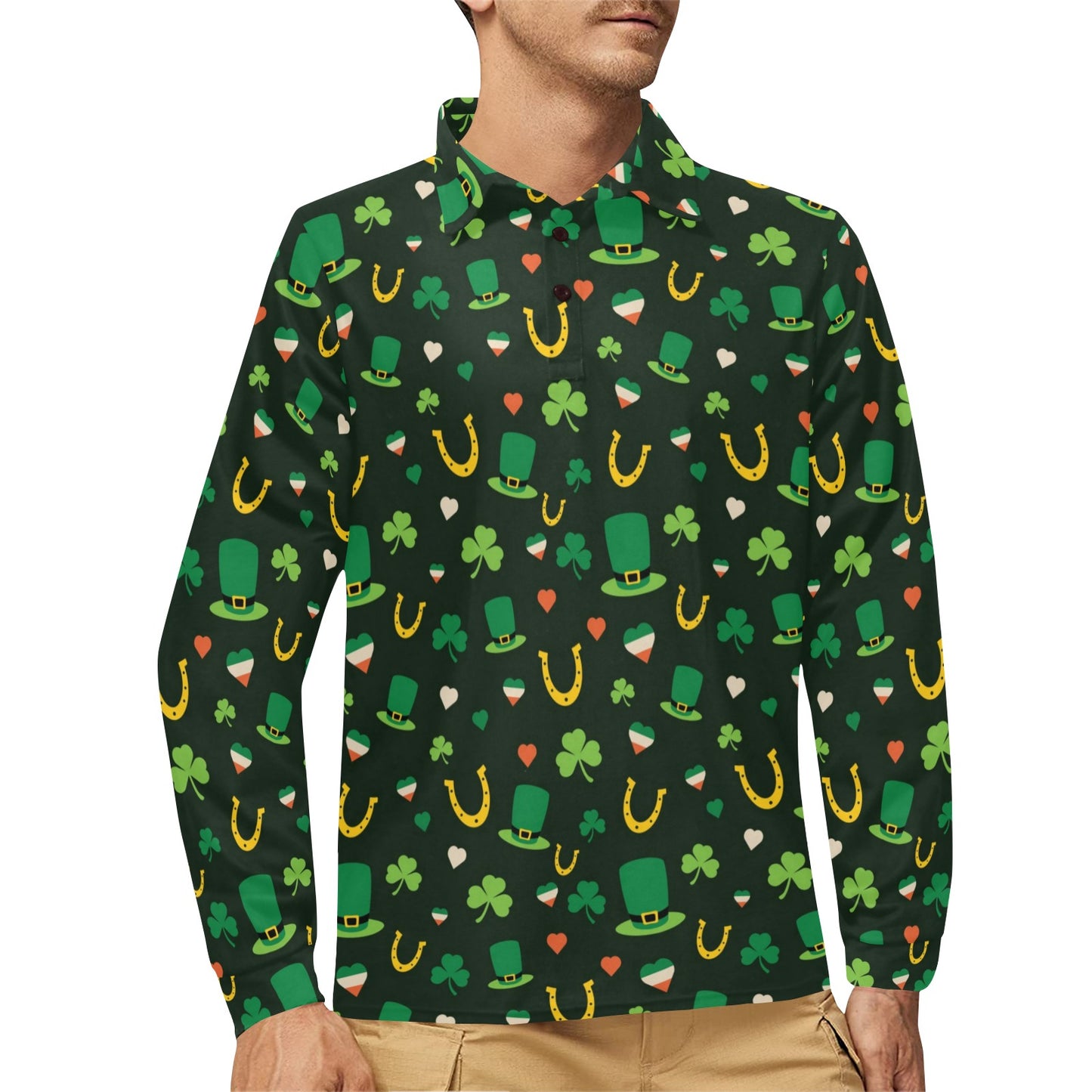 Shamrock Print Design LKS308 Long Sleeve Polo Shirt For Men's