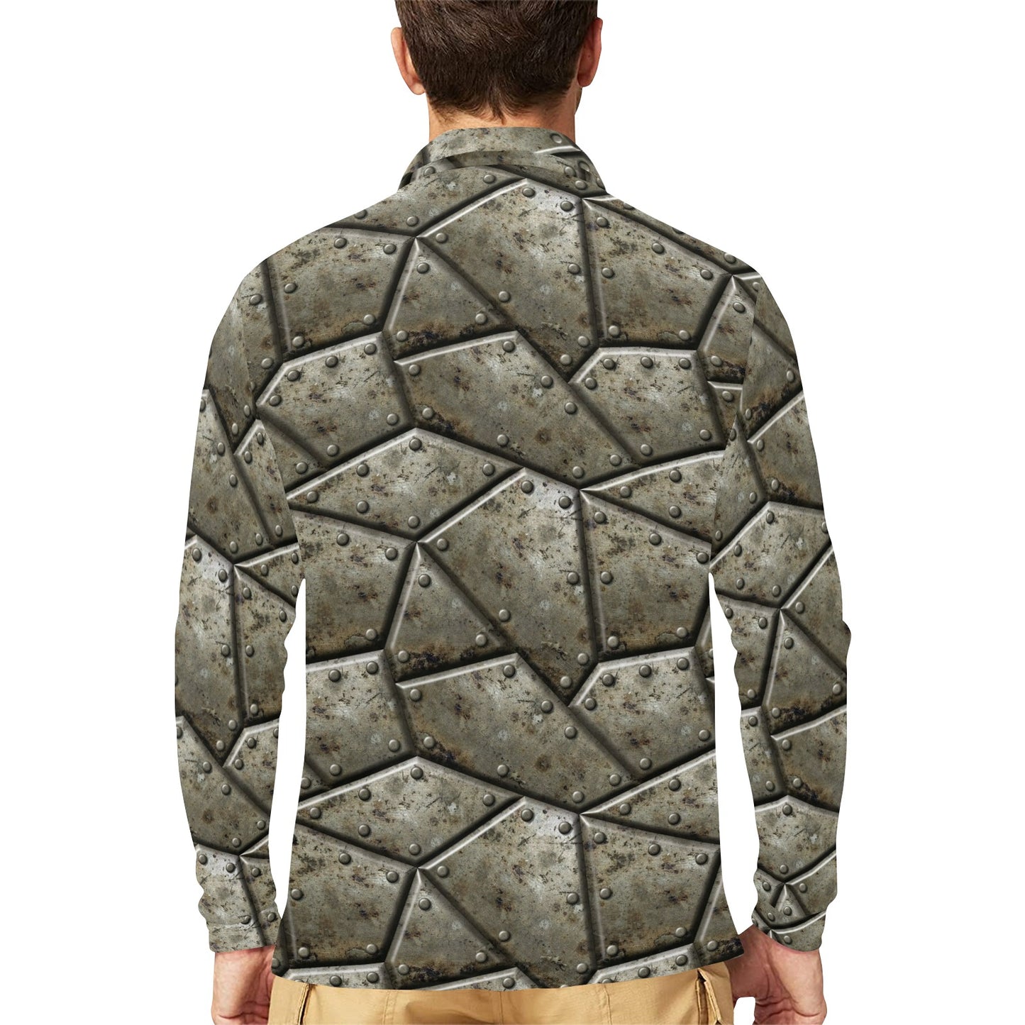 Armor Pattern Print Design 01 Long Sleeve Polo Shirt For Men's