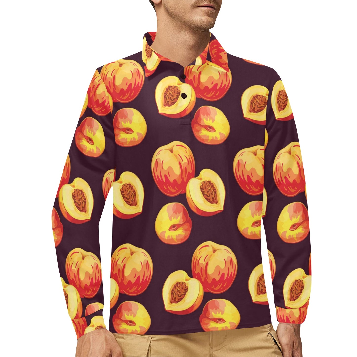 Peach Pattern Print Design A04 Long Sleeve Polo Shirt For Men's