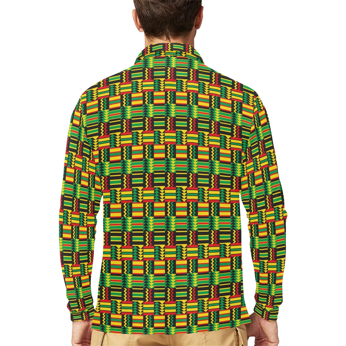 African Zip Zag Print Pattern Long Sleeve Polo Shirt For Men's