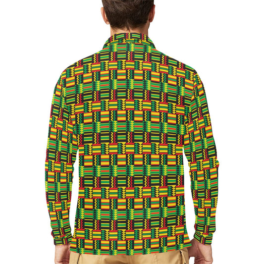 African Zip Zag Print Pattern Long Sleeve Polo Shirt For Men's