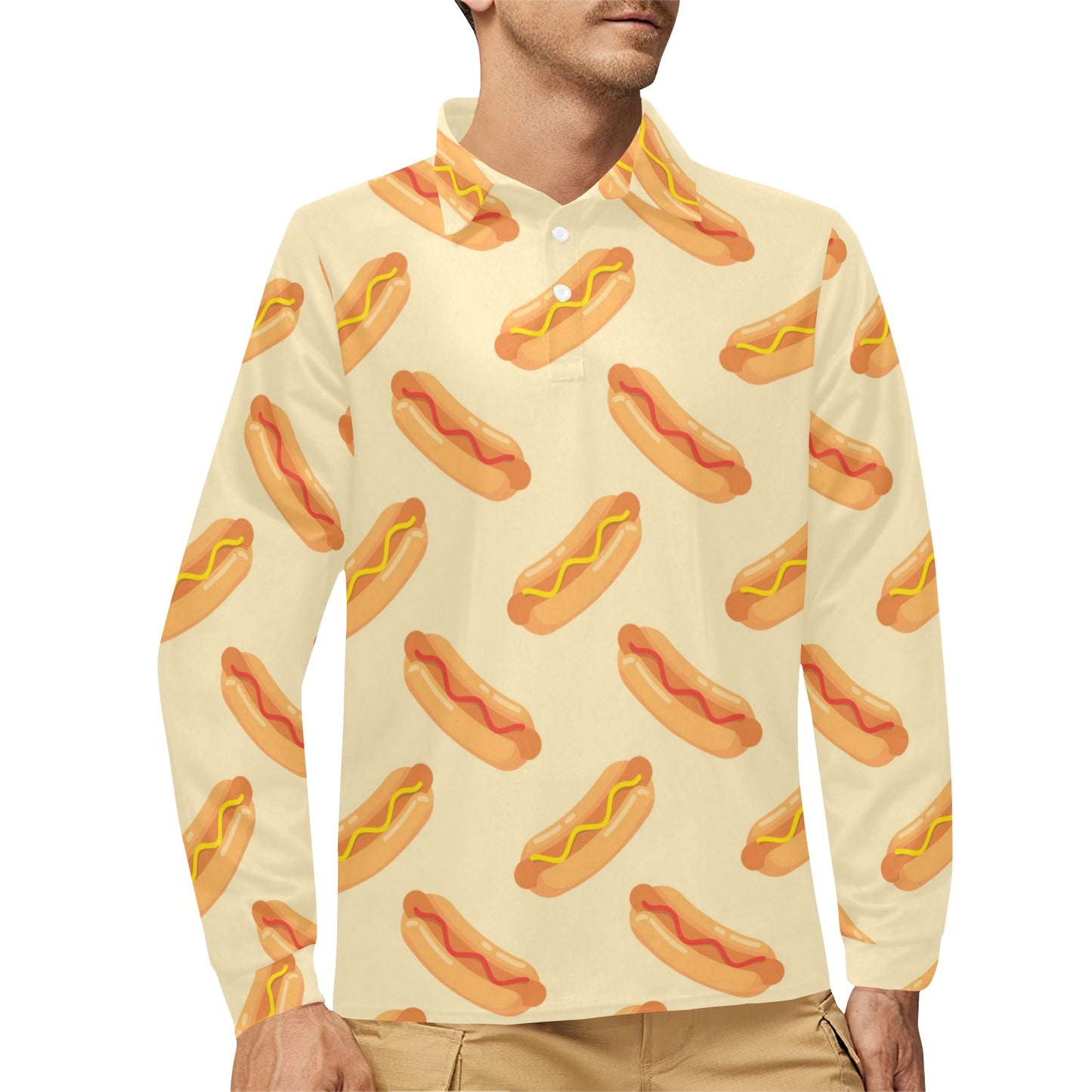 Hot Dog Pattern Print Design 05 Long Sleeve Polo Shirt For Men's
