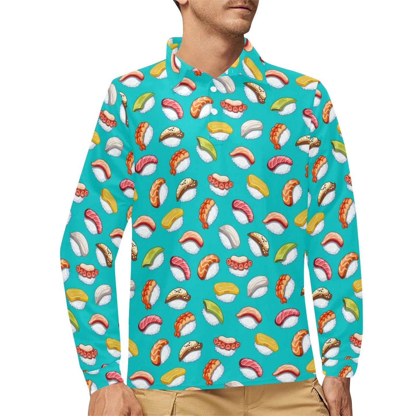 Sushi Themed Print Long Sleeve Polo Shirt For Men's