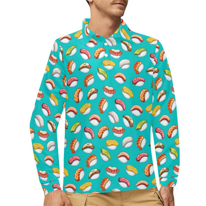 Sushi Themed Print Long Sleeve Polo Shirt For Men's