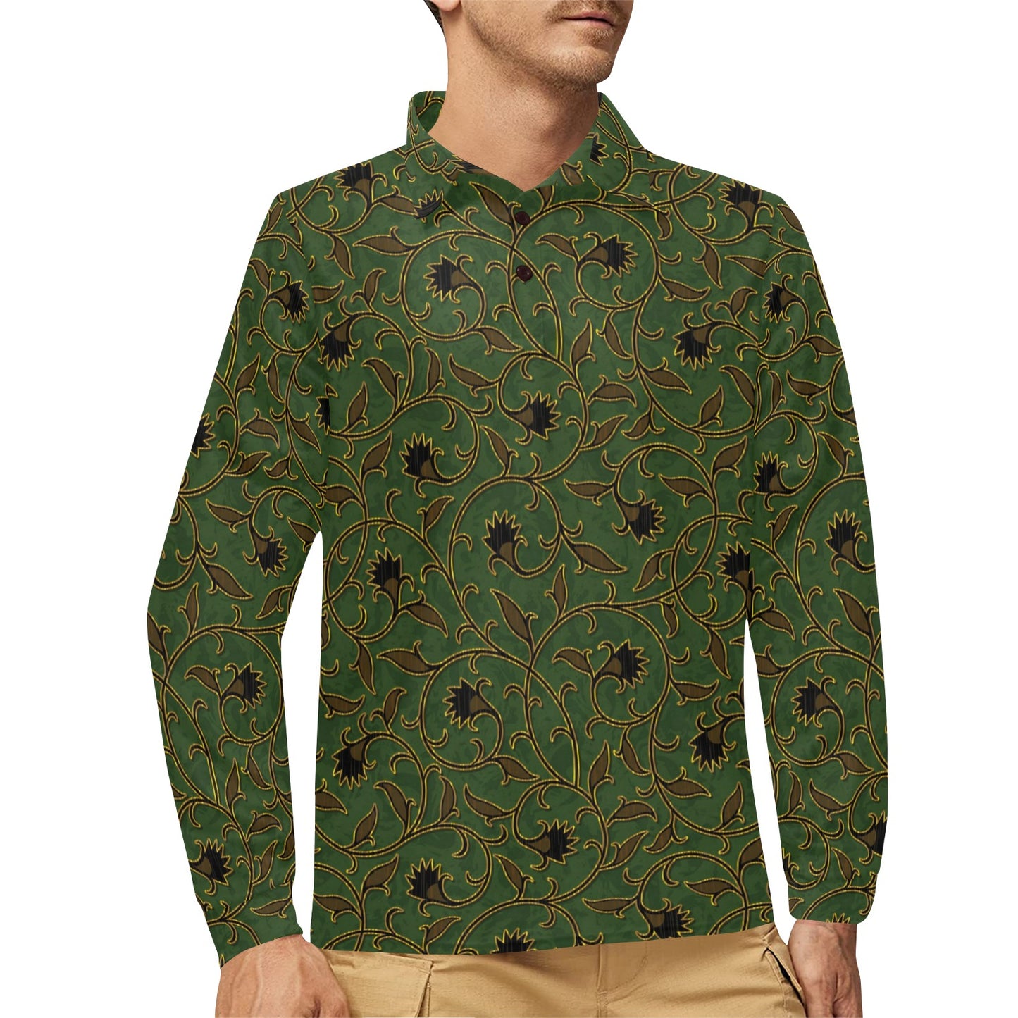 Brocade Pattern Print Design 02 Long Sleeve Polo Shirt For Men's
