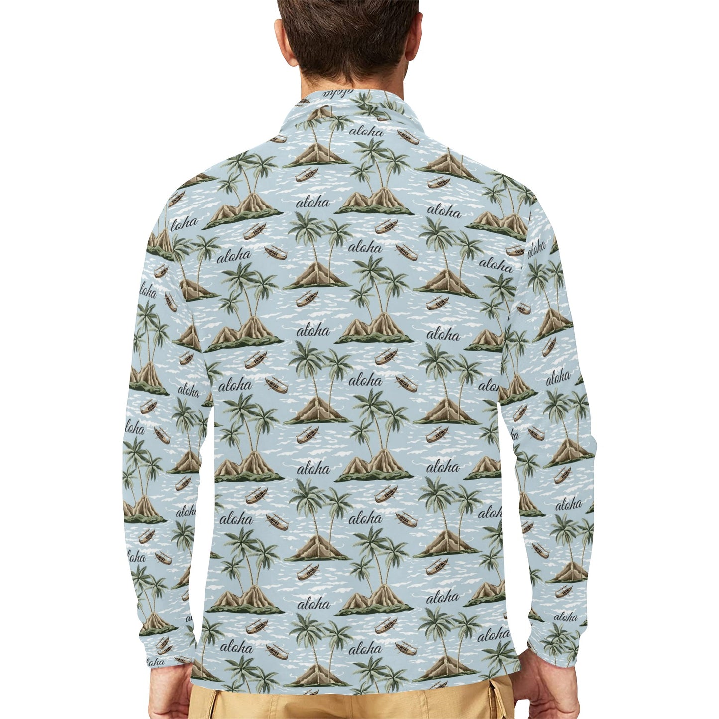 Aloha Hawaii island Design Themed Print Long Sleeve Polo Shirt For Men's