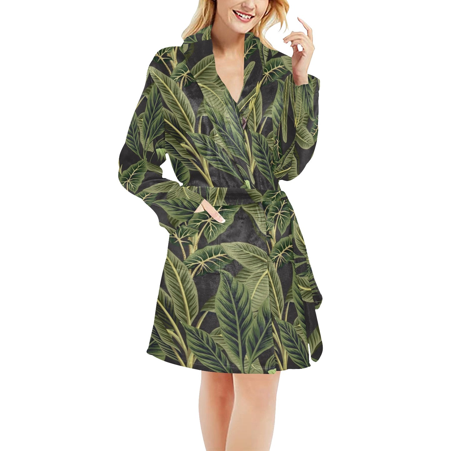 Banana Leaf Pattern Print Design BL04 Women's Fleece Robe