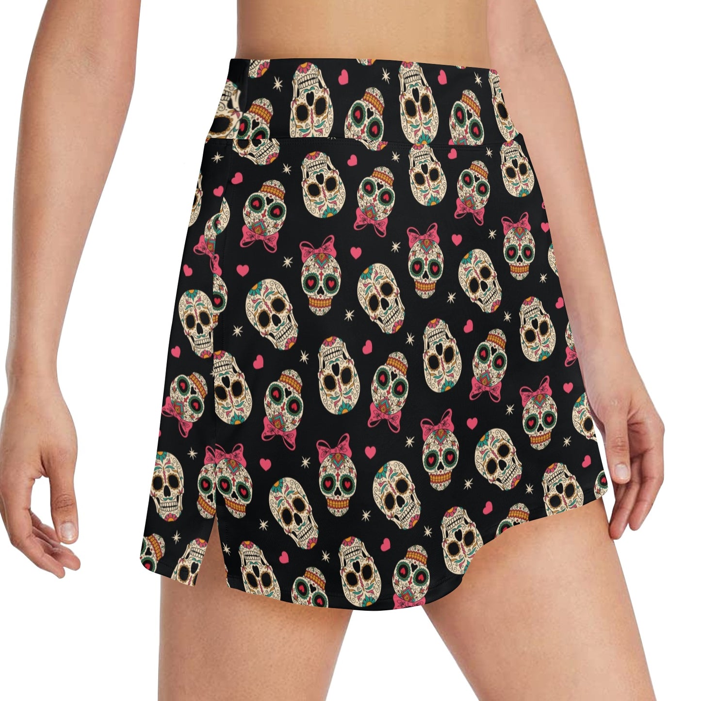 Sugar Skull Pink Bow Themed Print 17" Golf & Pickleball Skort with Pockets