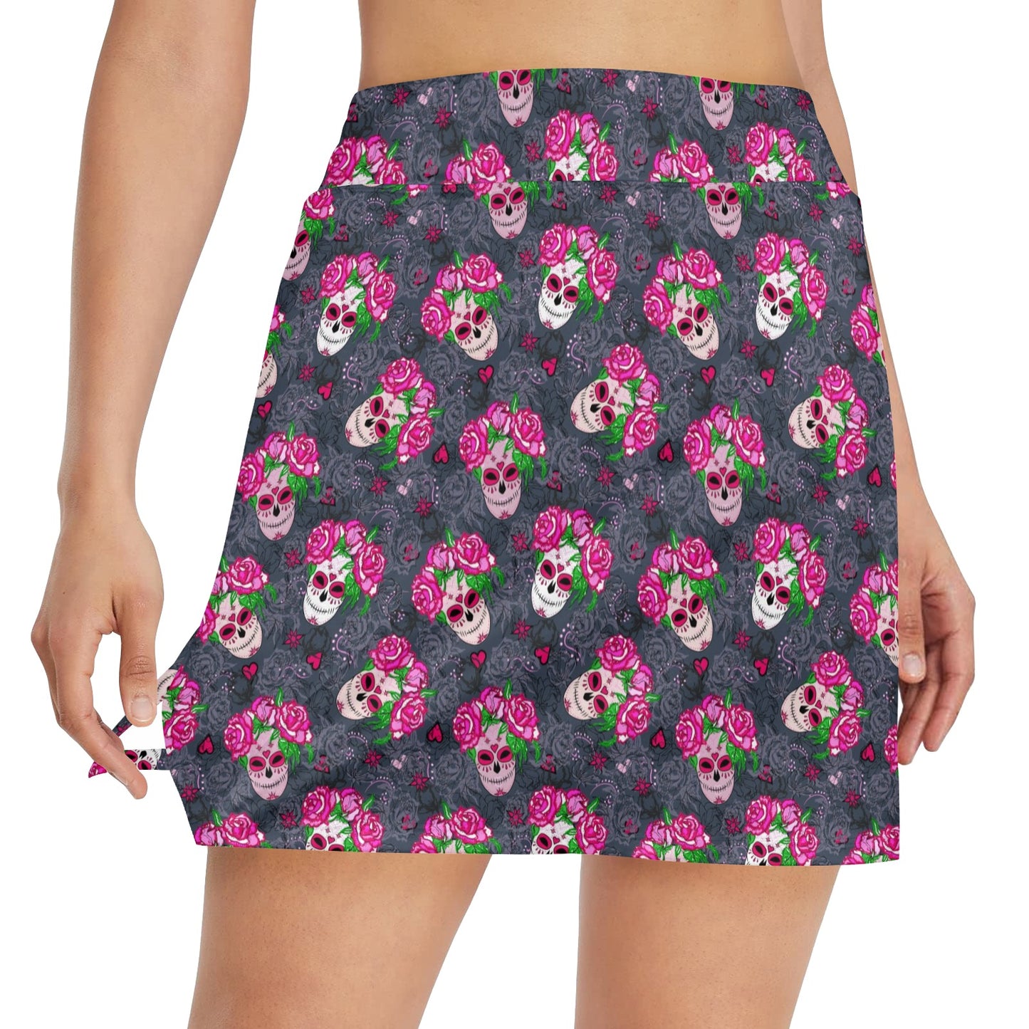 Sugar Skull Pink Rose Themed Print 17" Golf & Pickleball Skort with Pockets