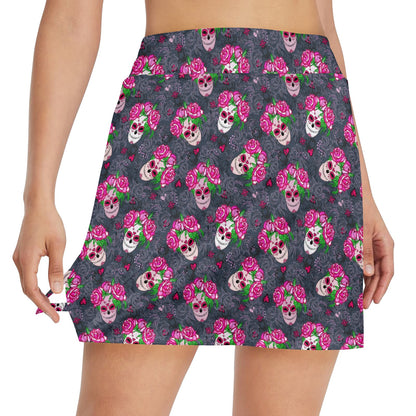 Sugar Skull Pink Rose Themed Print 17" Golf & Pickleball Skort with Pockets