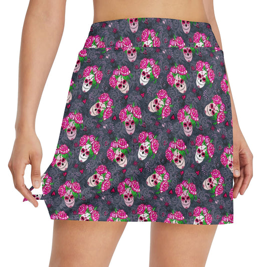 Sugar Skull Pink Rose Themed Print 17" Golf & Pickleball Skort with Pockets