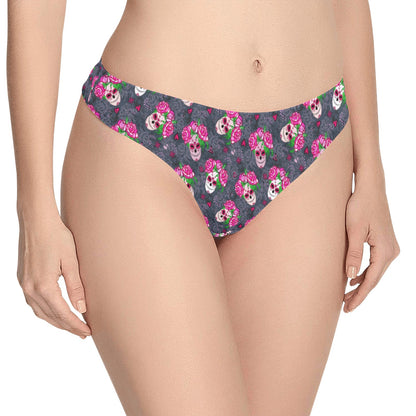 Sugar Skull Pink Rose Themed Print Women's Thongs