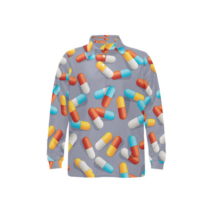 Pill Pattern Print Design A01 Long Sleeve Polo Shirt For Men's