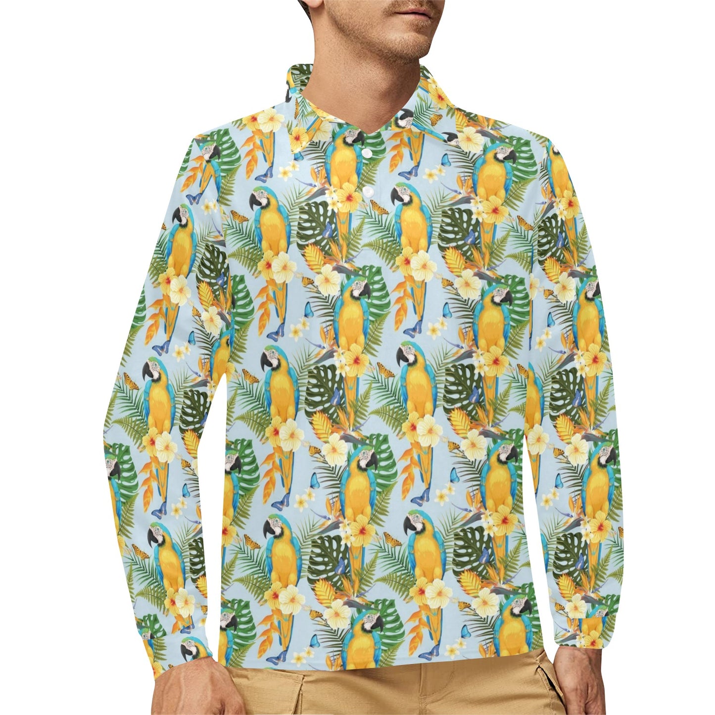 Parrot Pattern Print Design A04 Long Sleeve Polo Shirt For Men's