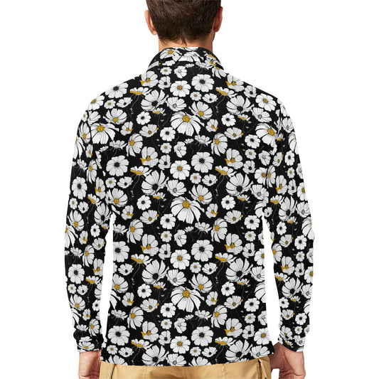 Daisy Pattern Print Design 02 Long Sleeve Polo Shirt For Men's