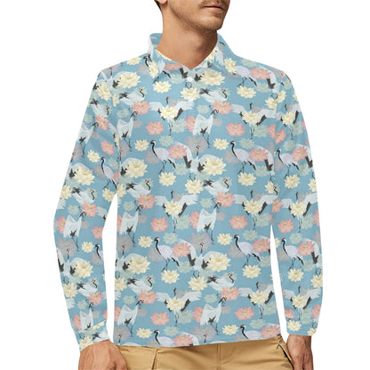 Water Lily Print Design LKS304 Long Sleeve Polo Shirt For Men's
