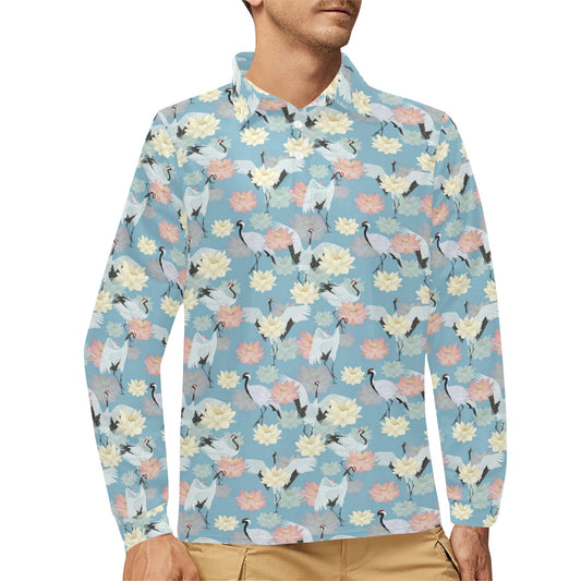 Water Lily Print Design LKS304 Long Sleeve Polo Shirt For Men's