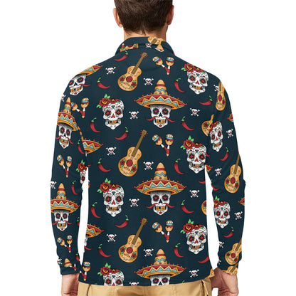 sugar skull Mexican Long Sleeve Polo Shirt For Men's