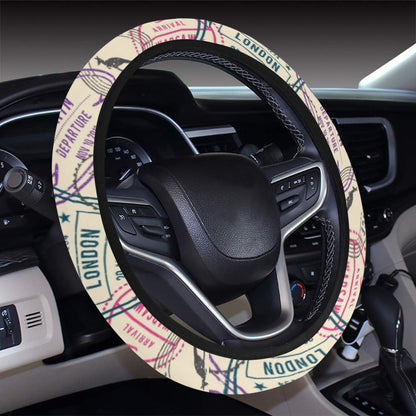 Travel Stamp Print Design LKS303 Steering Wheel Cover with Elastic Edge