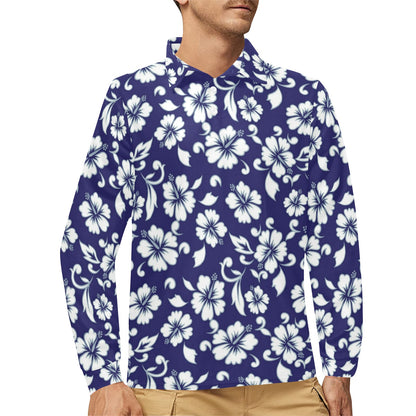 Hibiscus Pattern Print Design HB010 Long Sleeve Polo Shirt For Men's
