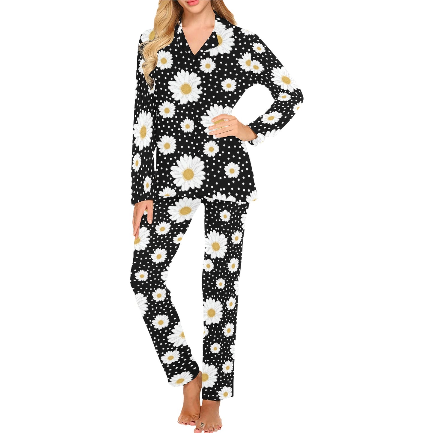 Daisy Pattern Print Design DS02 Women's Long Pajama Set