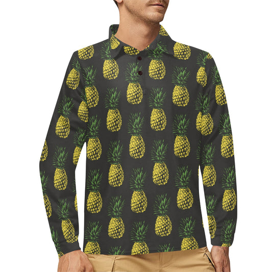Gold Pineapple Long Sleeve Polo Shirt For Men's