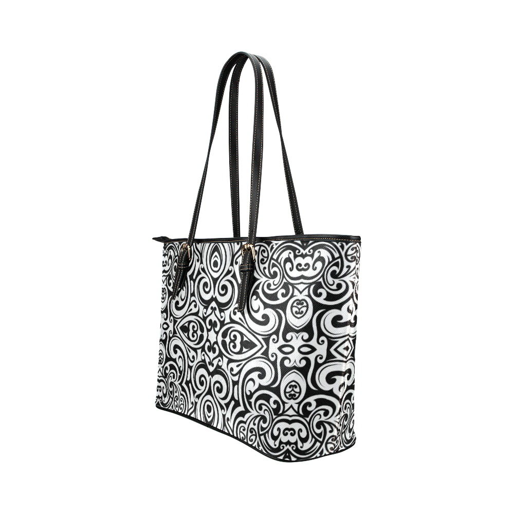 Polynesian Tattoo Pattern Leather Tote Bag