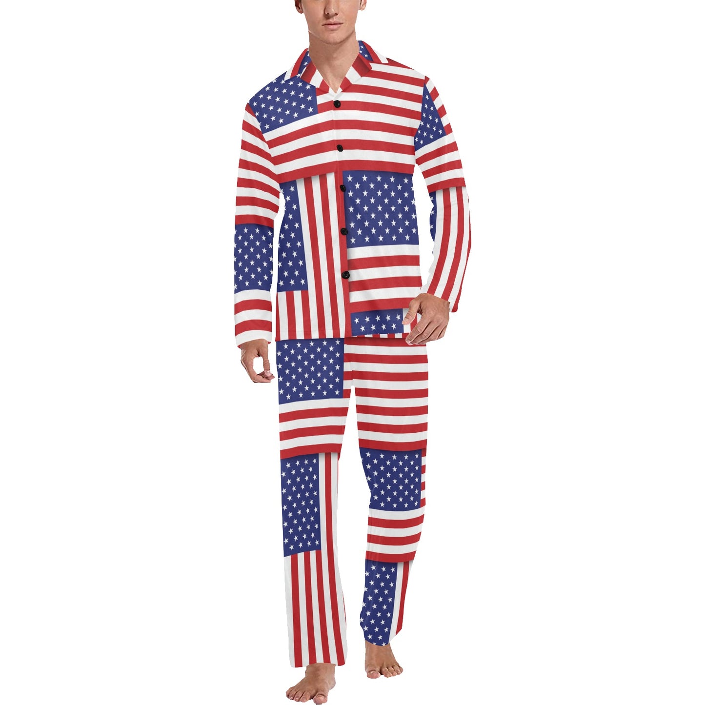 Patriotic US Flag Pattern Print Design A01 Men's Long Pajama Set