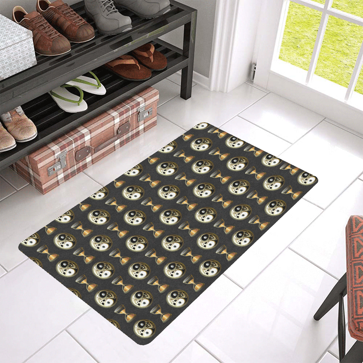 Yin Yang Skull Themed Design Print Rubber Doormat