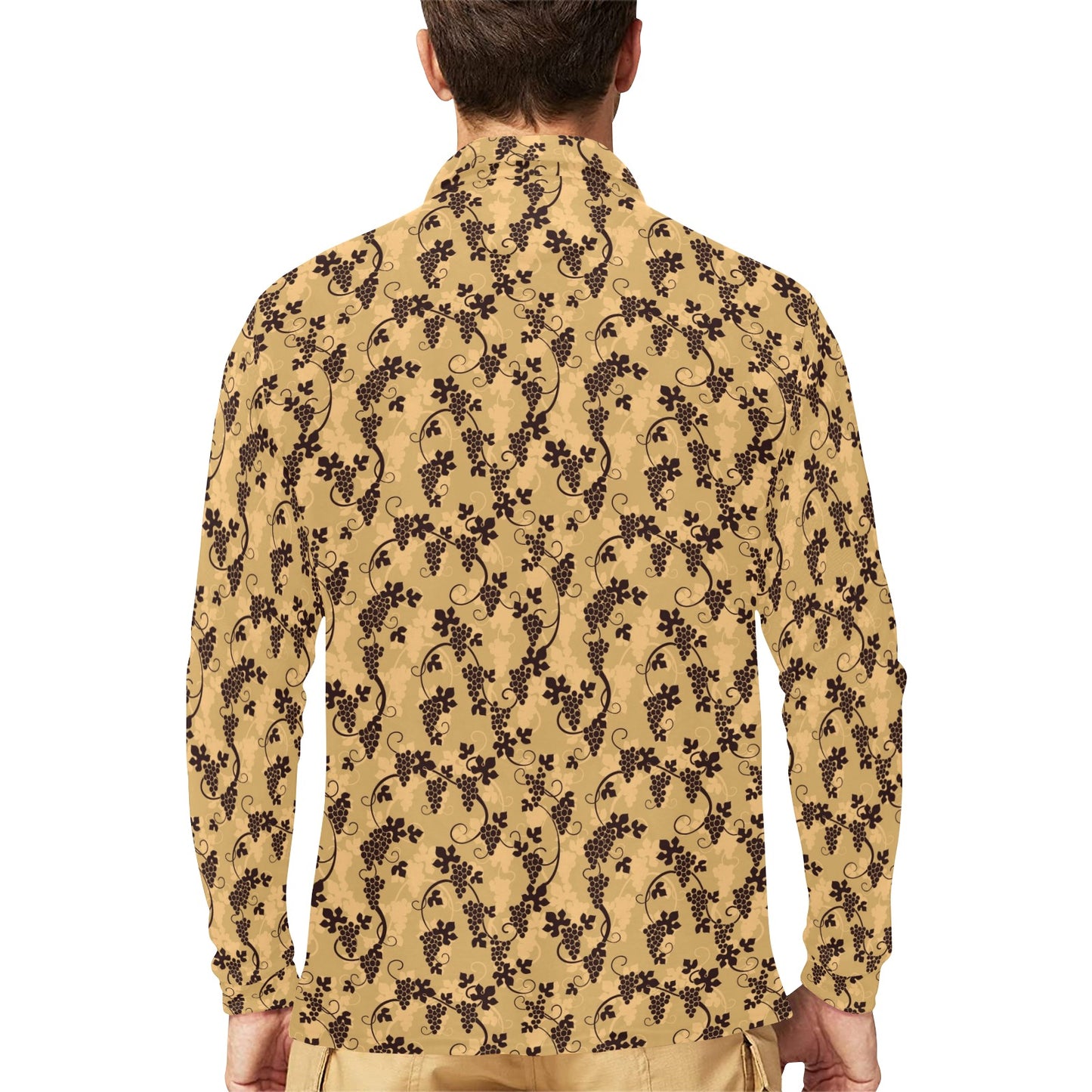 Wine Grape Design Print Long Sleeve Polo Shirt For Men's