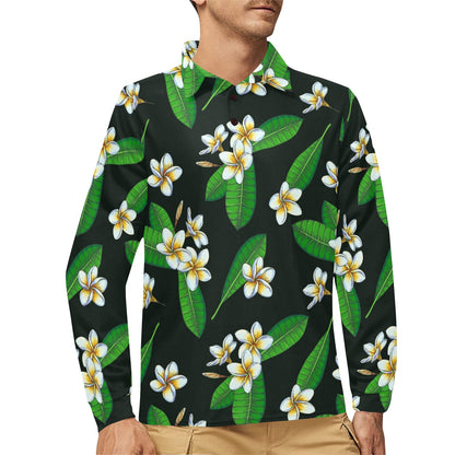 White Plumeria Pattern Print Design PM023 Long Sleeve Polo Shirt For Men's