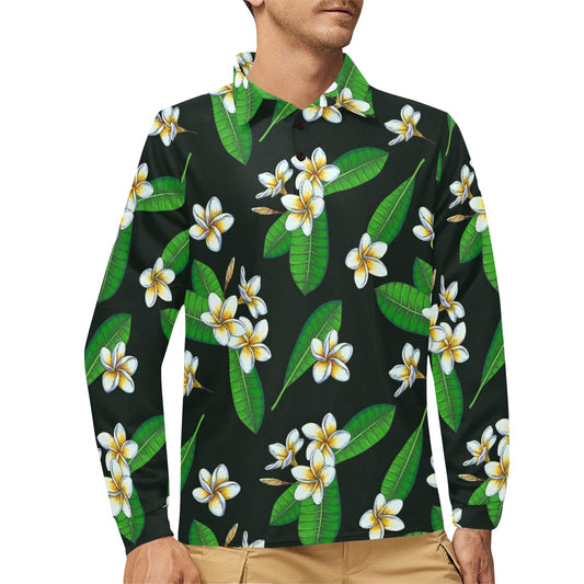 White Plumeria Pattern Print Design PM023 Long Sleeve Polo Shirt For Men's