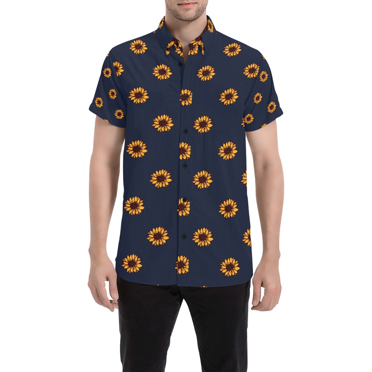 Sunflower Print Design LKS304 Men Short Sleeve Button Up Shirt