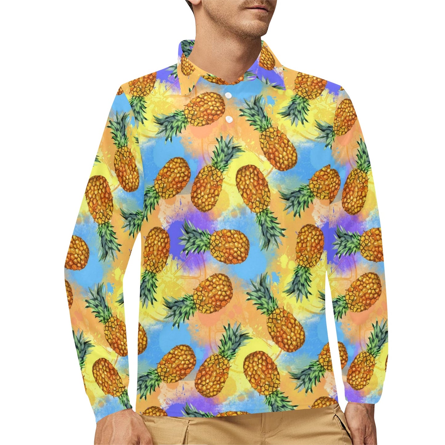 Pineapple Pattern Print Design PP09 Long Sleeve Polo Shirt For Men's