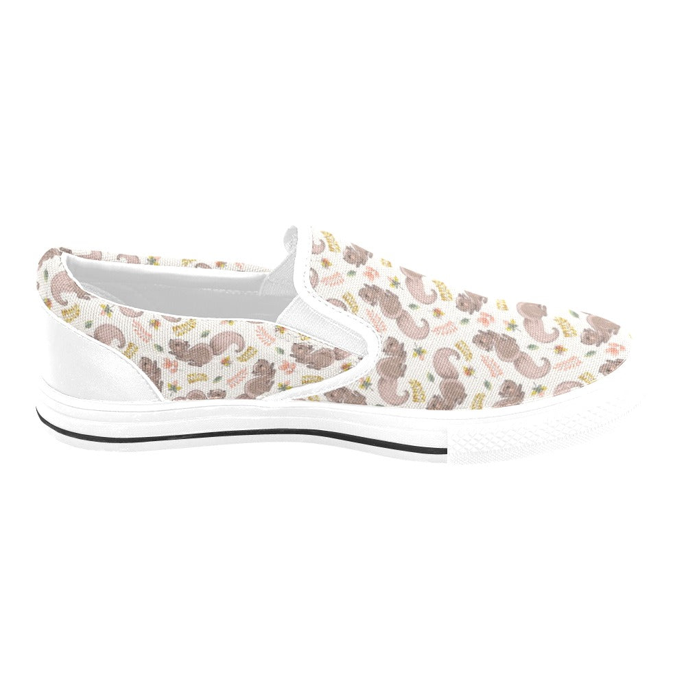 Squirrel Print Design LKS307 White Slip Ons Canvas Women's Shoes