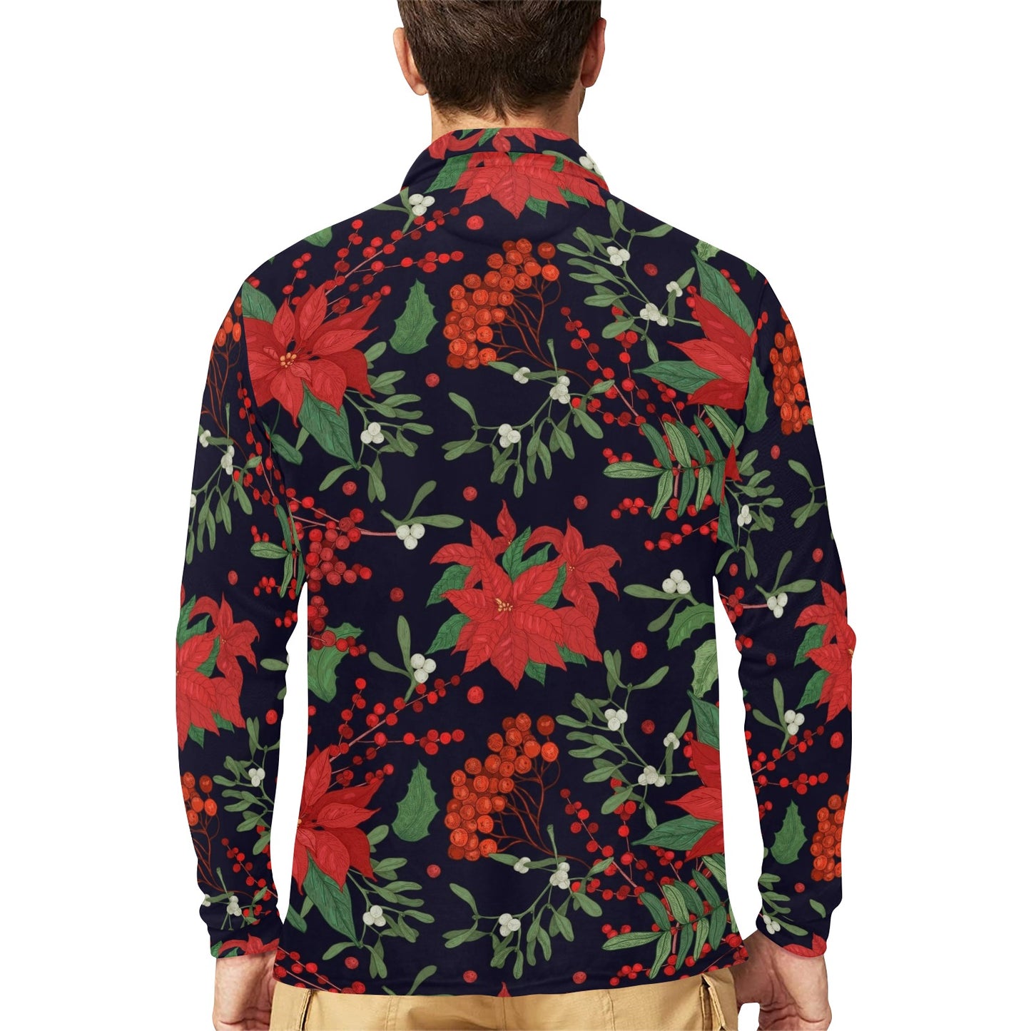 Poinsettia Pattern Print Design POT02 Long Sleeve Polo Shirt For Men's