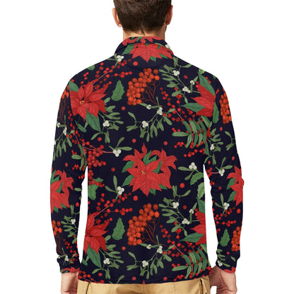 Poinsettia Pattern Print Design POT02 Long Sleeve Polo Shirt For Men's