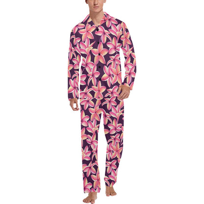 Purple Plumeria Pattern Print Design PM010 Men's Long Pajama Set