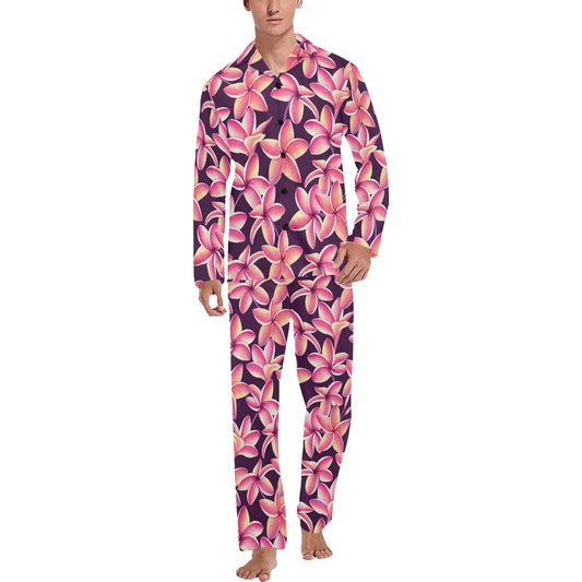 Purple Plumeria Pattern Print Design PM010 Men's Long Pajama Set