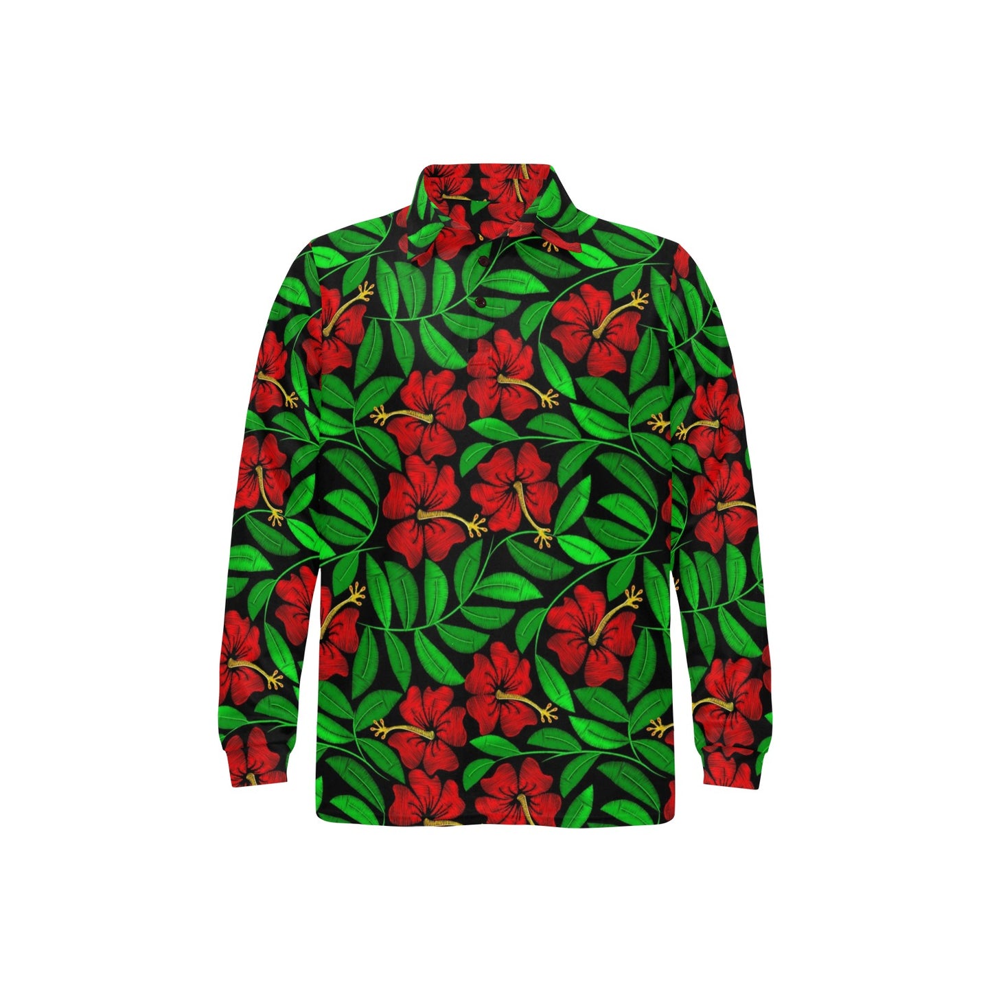 Red Hibiscus Embroidered Pattern Print Design HB032 Long Sleeve Polo Shirt For Men's