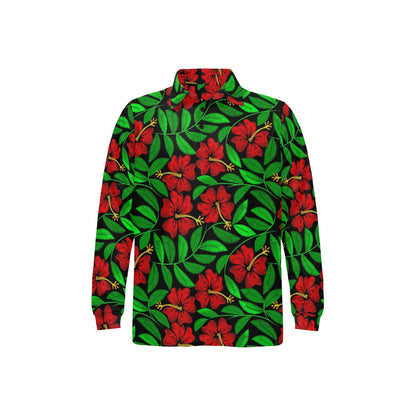 Red Hibiscus Embroidered Pattern Print Design HB032 Long Sleeve Polo Shirt For Men's