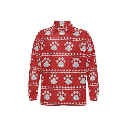 Knit Paw Pattern Print Design 03 Long Sleeve Polo Shirt For Men's