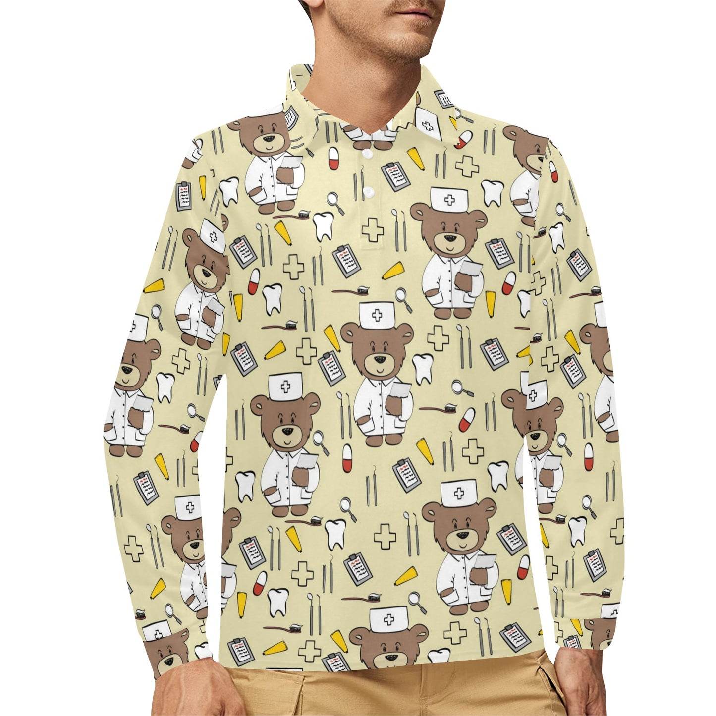 Nurse Bear Pattern Print Design A02 Long Sleeve Polo Shirt For Men's