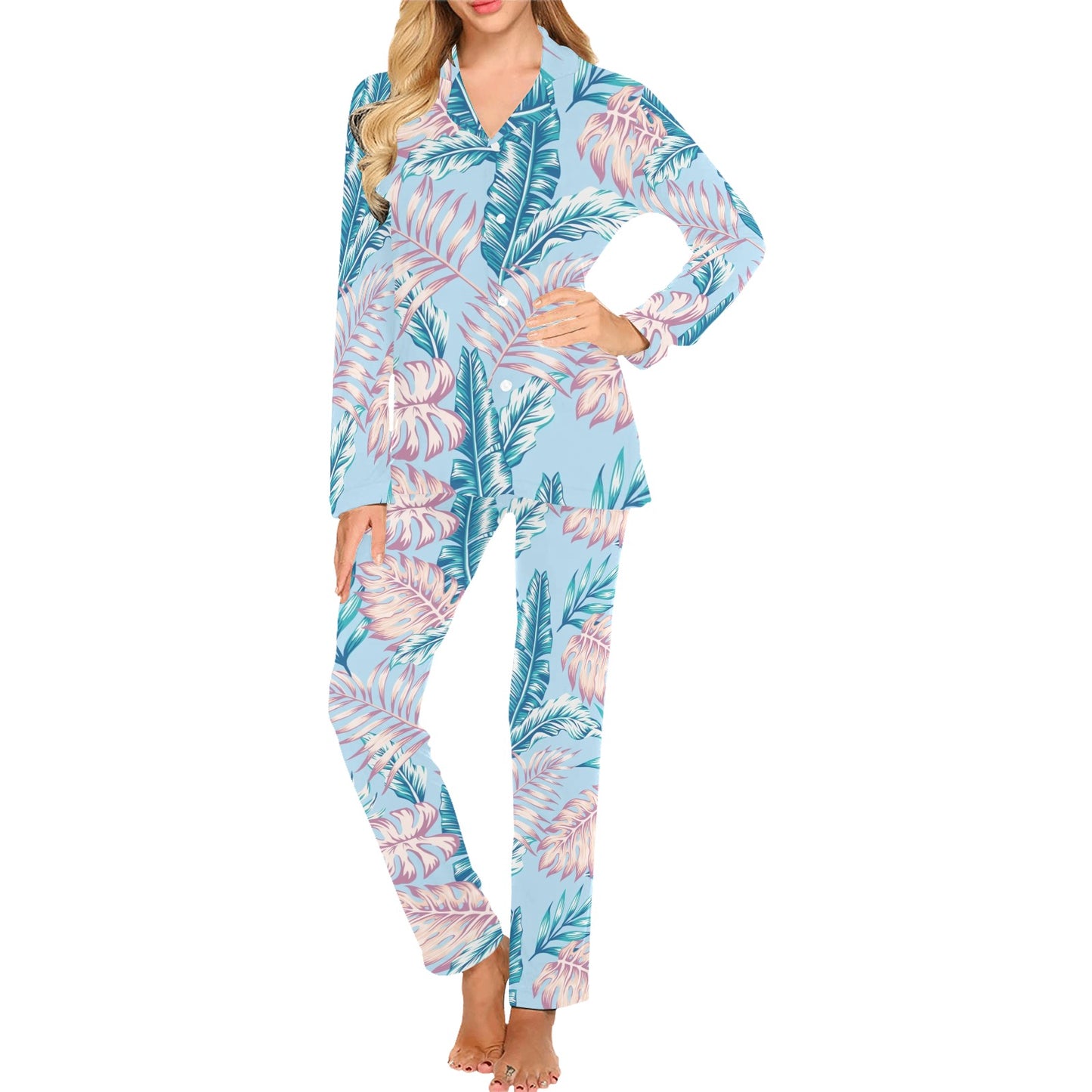Tropical Flower Pattern Print Design TF01 Women's Long Pajama Set